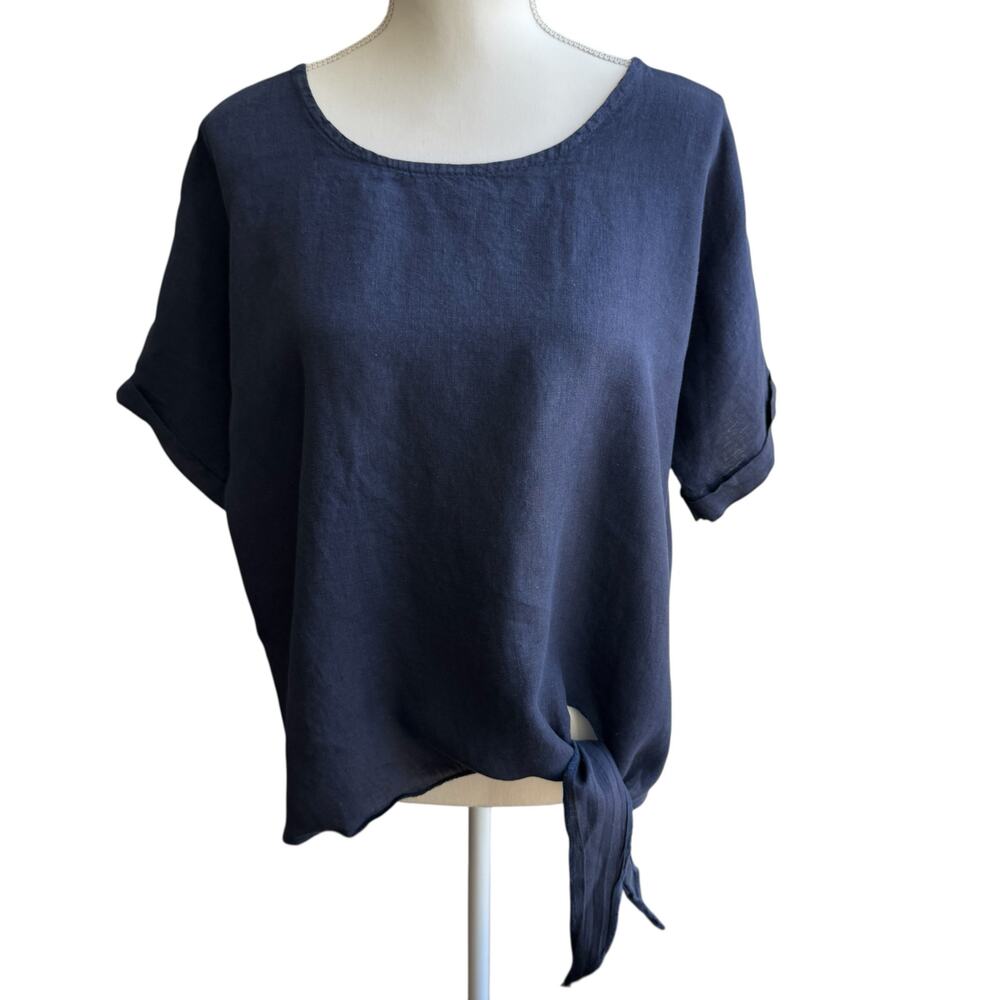 CHERISHH Top Womens Large Navy 100% Linen Front Tie Coastal Beachy Resort Wear - Picture 10 of 12
